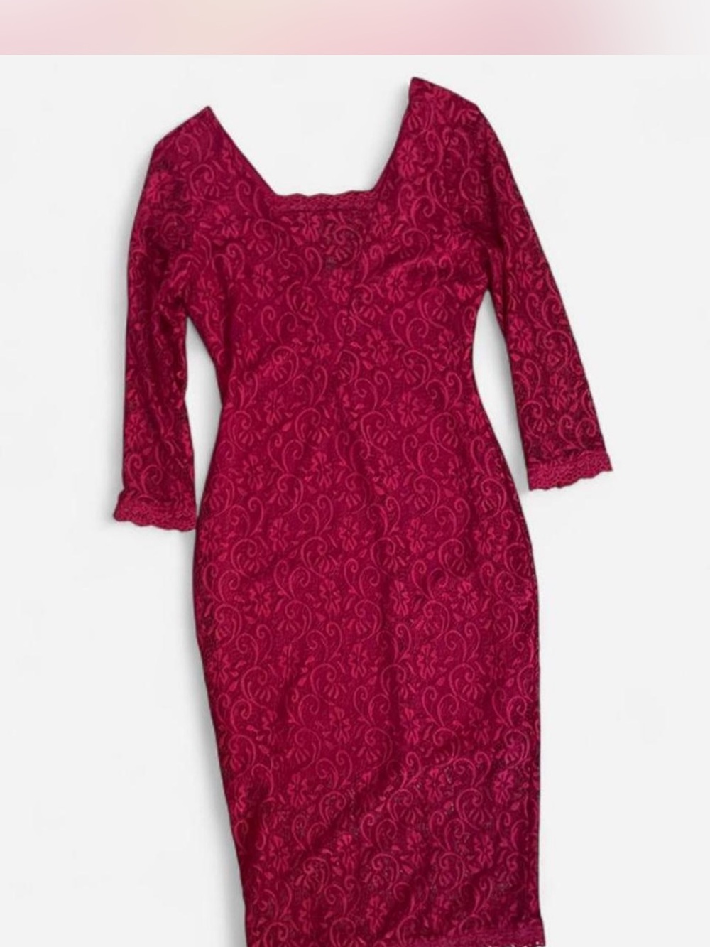 Candie's Crimson Red Floral Lace Square Neck Sheath Midi Dress Sz S